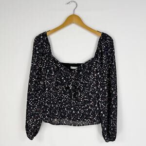 Abercrombie & Fitch Dotted Tie Front Smocked Top Women's +Medium Black